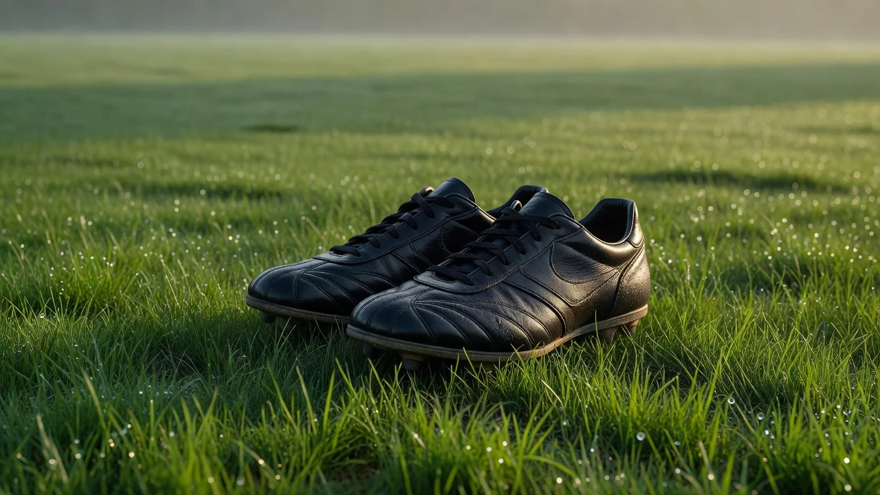 Botas de fútbol sobre el césped de un campo de entrenamiento