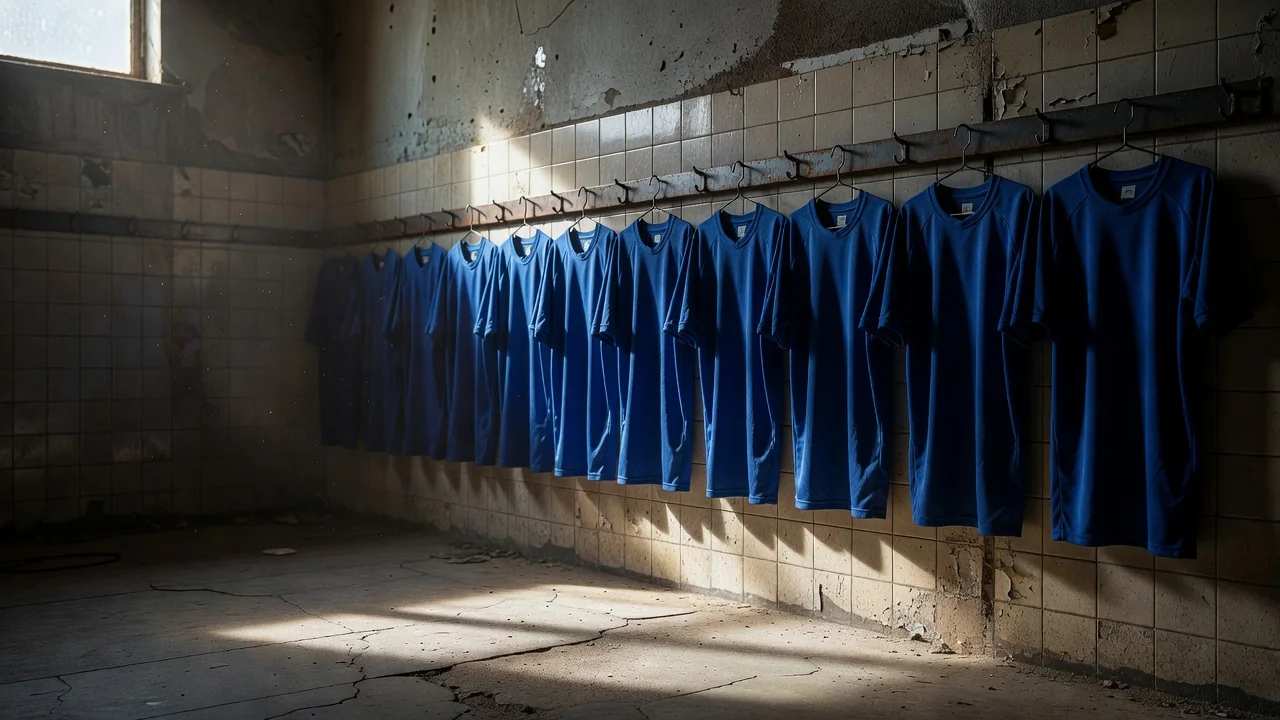 Camisetas azules de fútbol colgadas en un vestuario