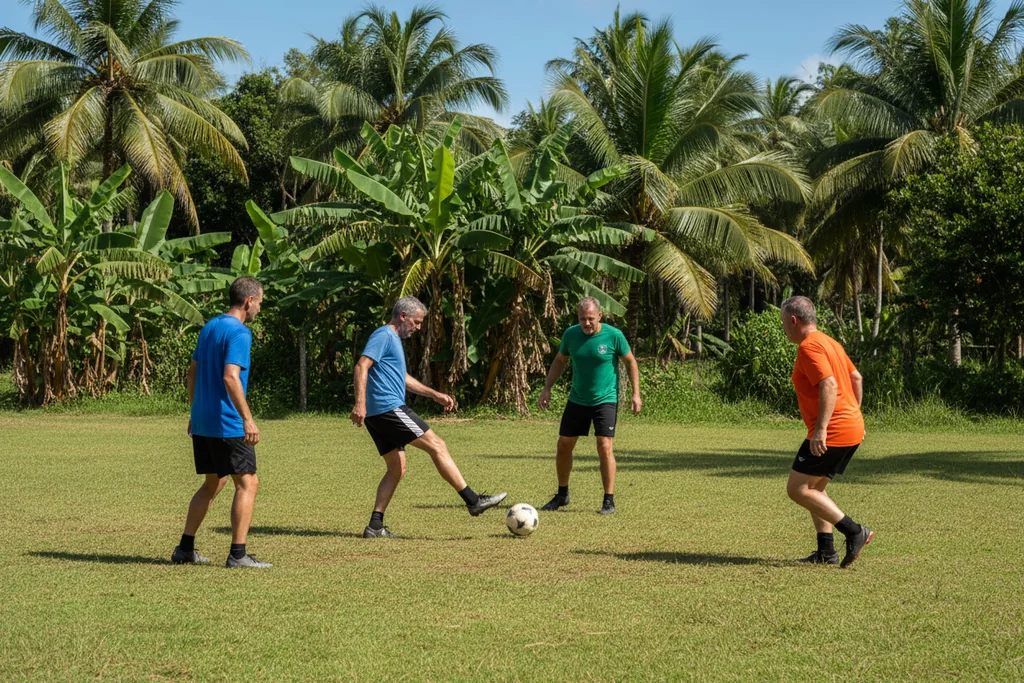 Entrenamiento de fútbol juvenil en una cancha de provincia con entrenador