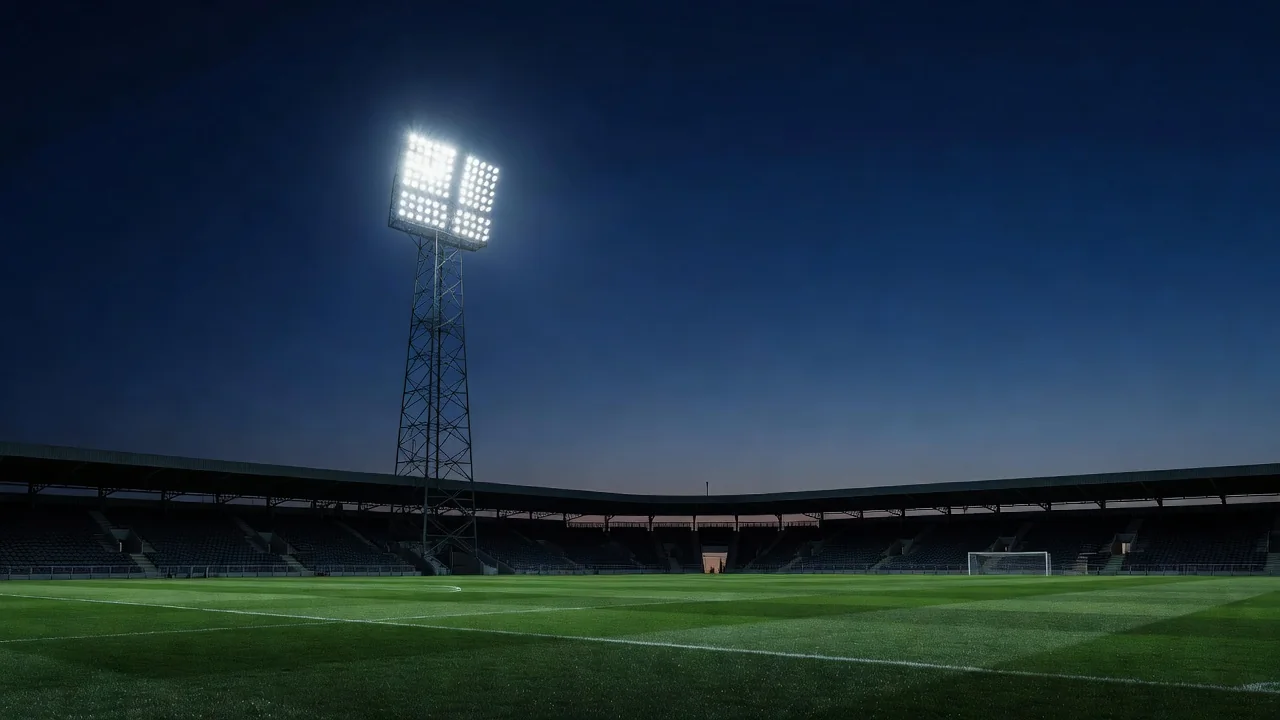 Reflectores encendidos de un estadio de fútbol al anochecer