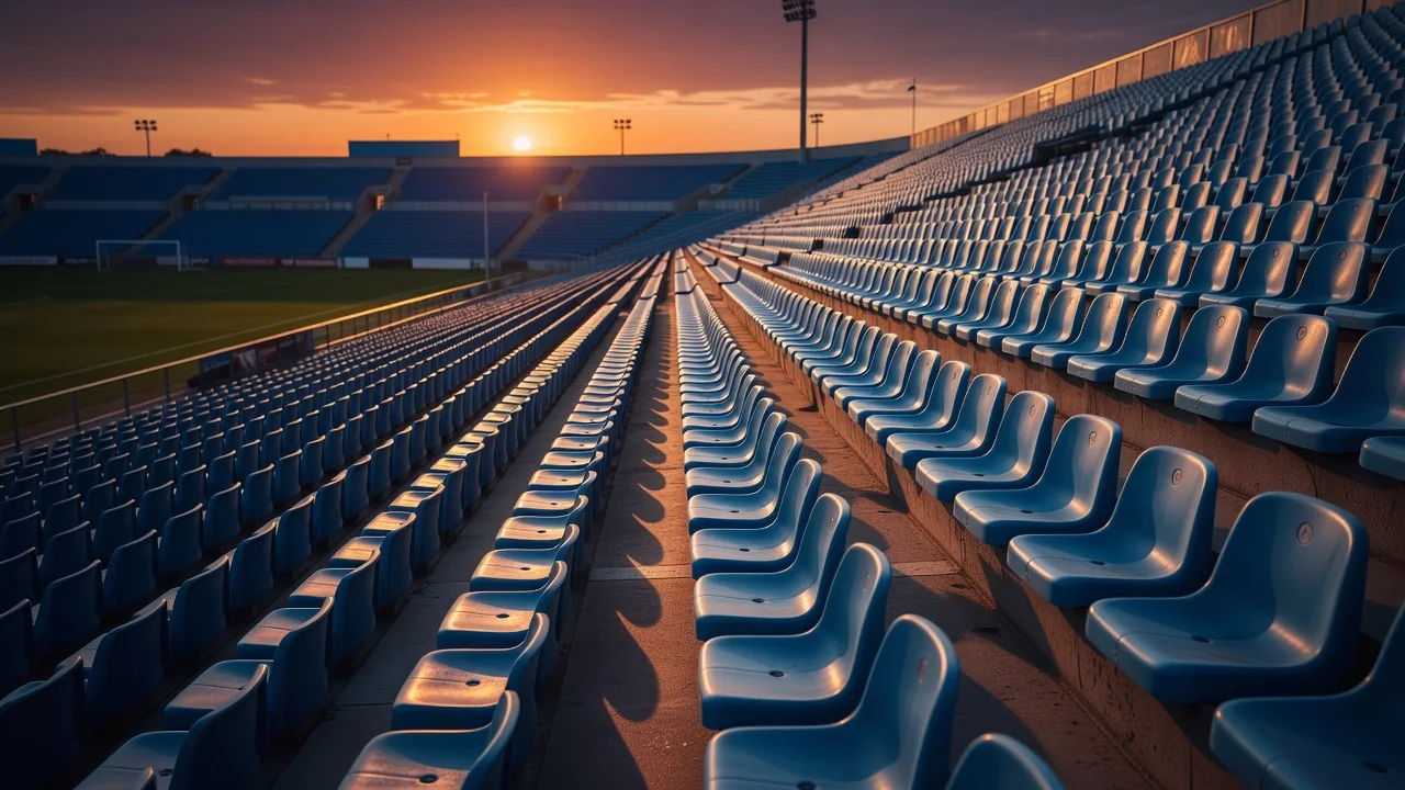Tribuna de un estadio de fútbol con asientos azules al atardecer