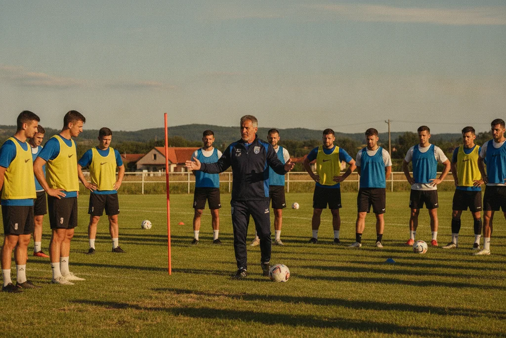 Entrenamiento de fútbol juvenil en una cancha de provincia con entrenador