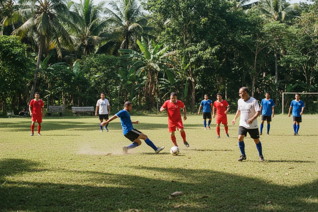 Cancha de fútbol de provincia con jugadores adultos y vegetación tropical alrededor