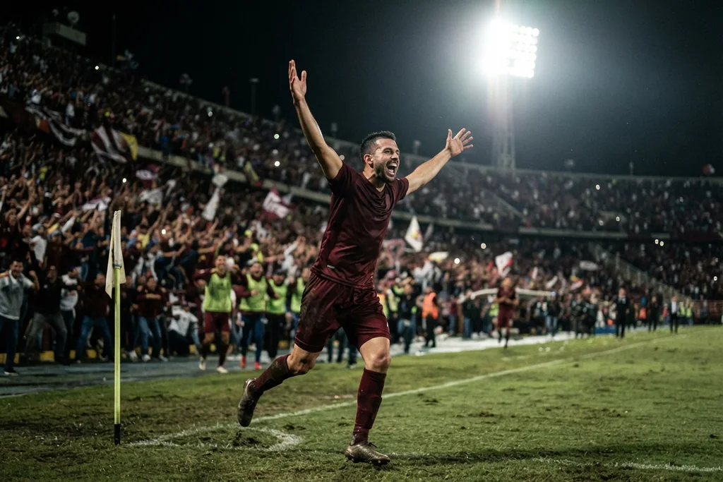 Jugador adulto celebrando un gol en un estadio venezolano de noche